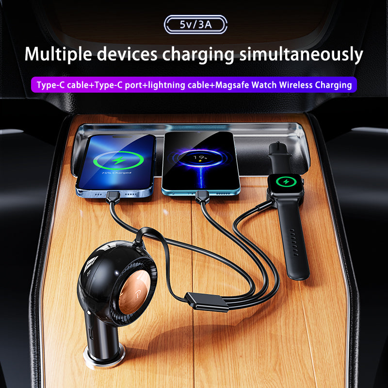 The J&W Company 3-in-1 Car Charger – Multi-Port Fast Car Charger with USB, Type-C & Lightning Outputs, Compact Design for Simultaneous Charging of iPhone, Android & Gadgets