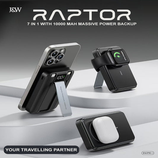 Compact black Raptor 7-in-1 Power Bank with 10,000mAh capacity, featuring multiple charging ports, digital display, and built-in cables for versatile device charging.