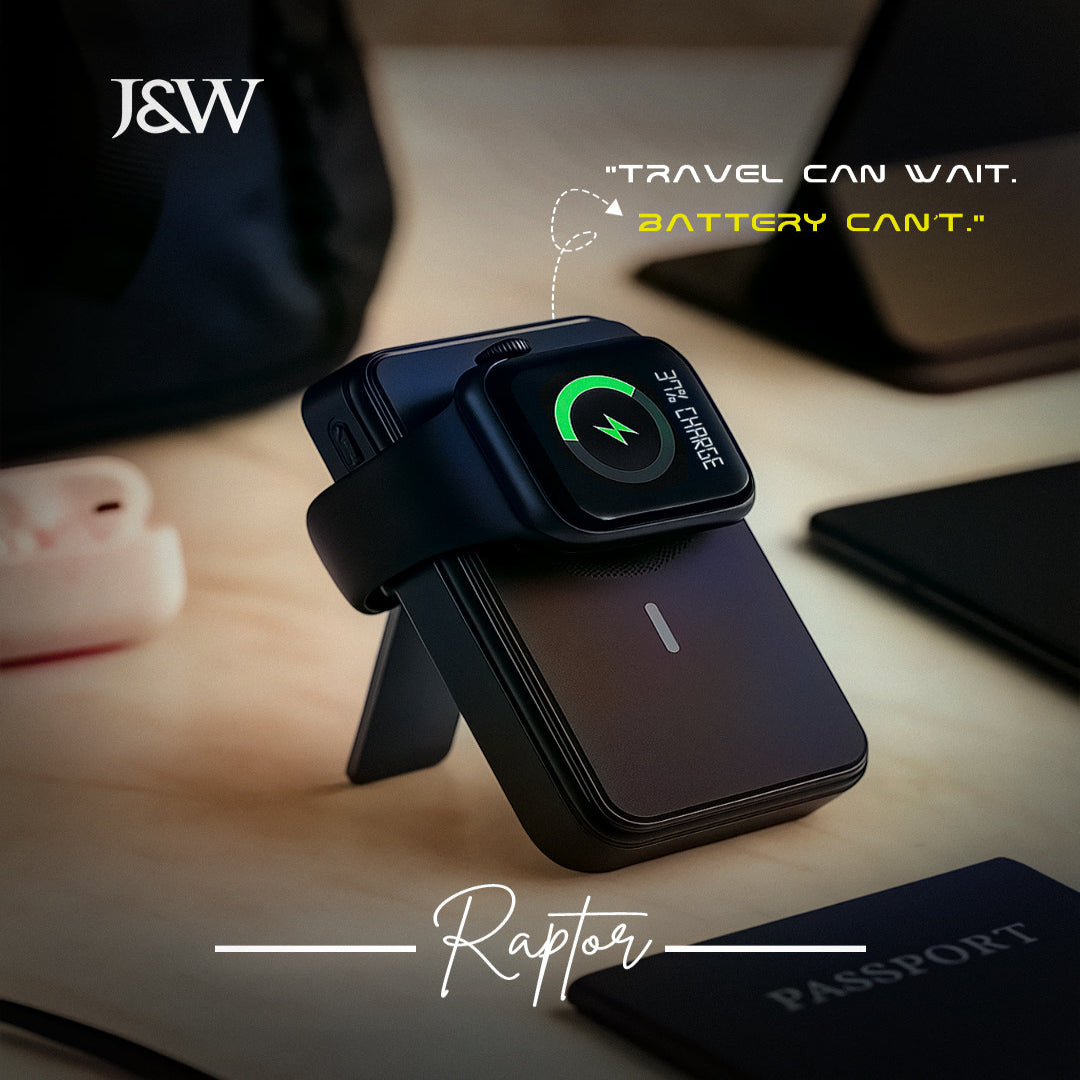 Compact black Raptor 7-in-1 Power Bank with 10,000mAh capacity, featuring multiple charging ports, digital display, and built-in cables for versatile device charging.