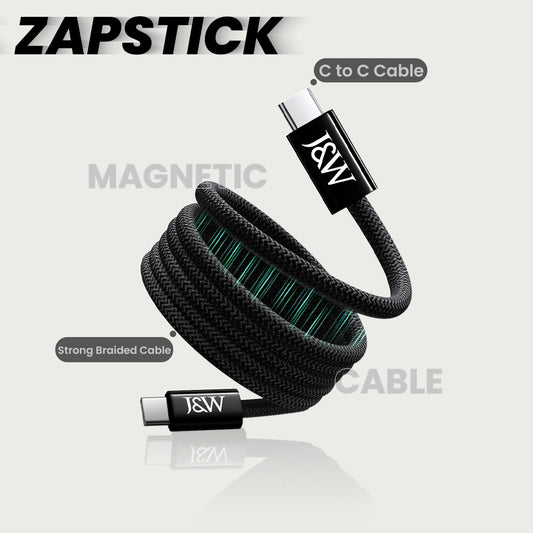 The J&W Company Zap Stick Magnetic Type-C to Type-C Fast Charging Cable – 100W PD Support, Detachable Magnetic Tip, Tangle-Free Braided Wire for Laptops, Tablets & Smartphones