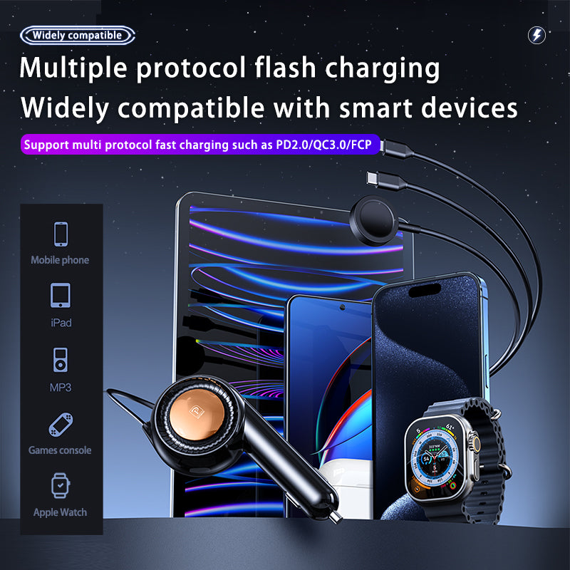 The J&W Company 3-in-1 Car Charger – Multi-Port Fast Car Charger with USB, Type-C & Lightning Outputs, Compact Design for Simultaneous Charging of iPhone, Android & Gadgets