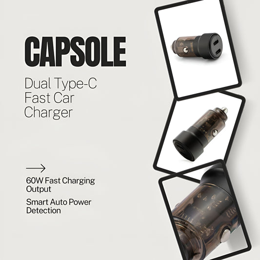 Dual Type-C Fast Car Charger - J&W Capsole 60W Compatible with All Type-C Devices
