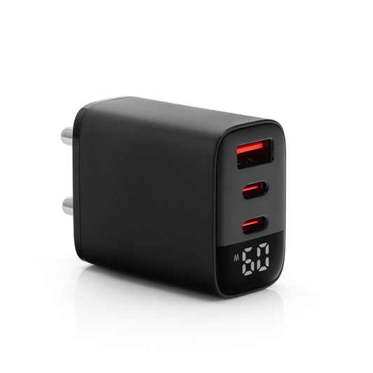 Premium black Dynamo 60W wall adapter with dual Type-C and single USB port, ideal for fast charging phones, tablets, and laptops – compact and stylish multi-port charger.