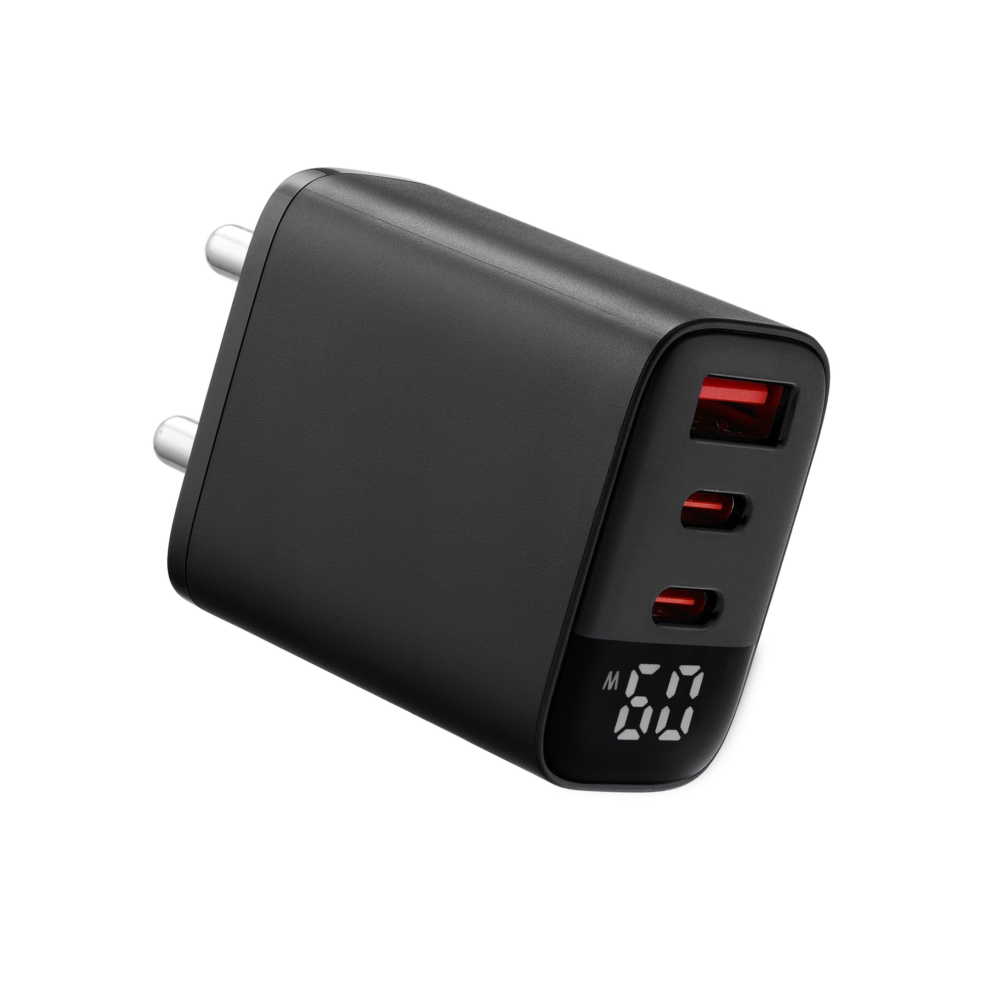 Premium black Dynamo 60W wall adapter with dual Type-C and single USB port, ideal for fast charging phones, tablets, and laptops – compact and stylish multi-port charger.