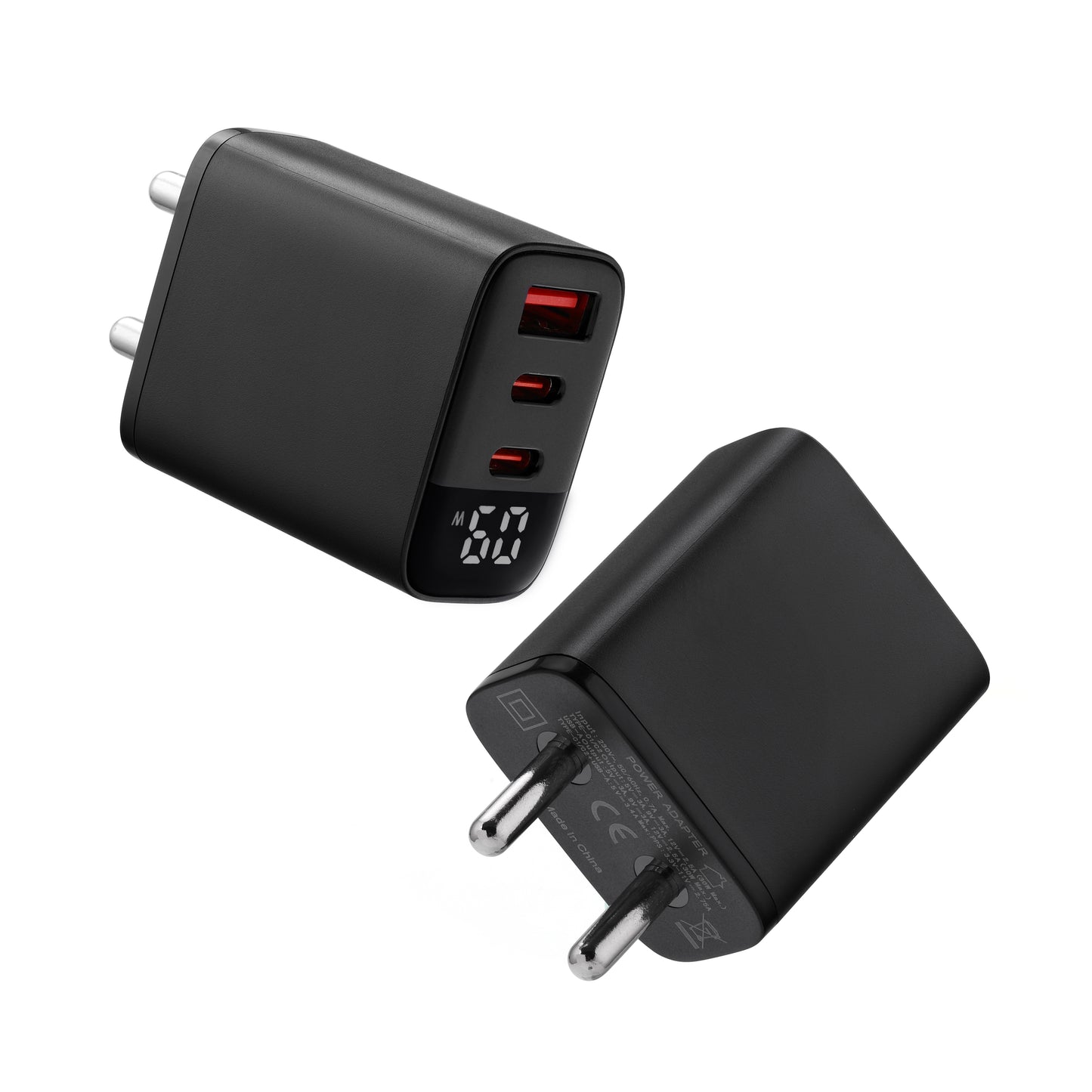 Premium black Dynamo 60W wall adapter with dual Type-C and single USB port, ideal for fast charging phones, tablets, and laptops – compact and stylish multi-port charger.
