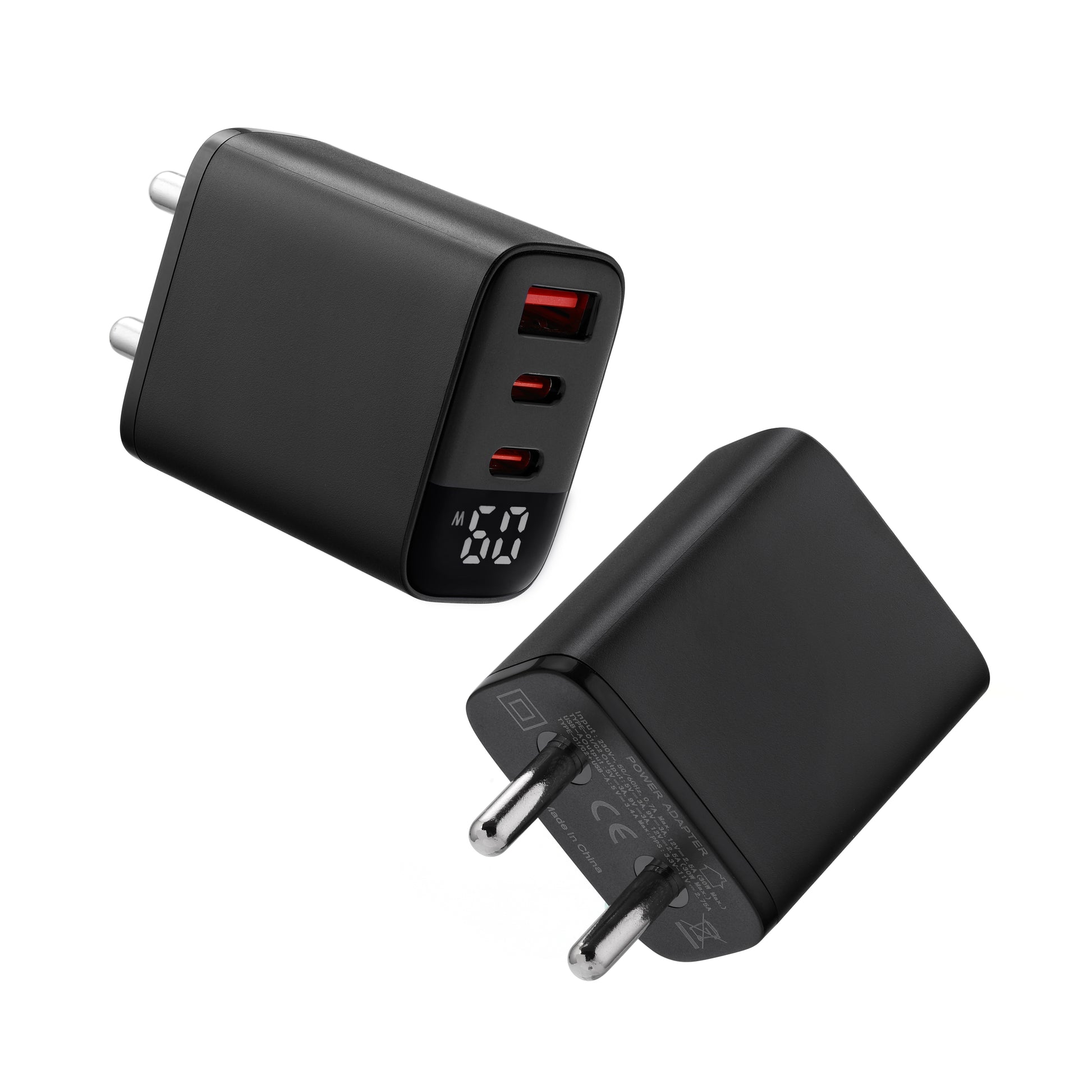 Premium black Dynamo 60W wall adapter with dual Type-C and single USB port, ideal for fast charging phones, tablets, and laptops – compact and stylish multi-port charger.
