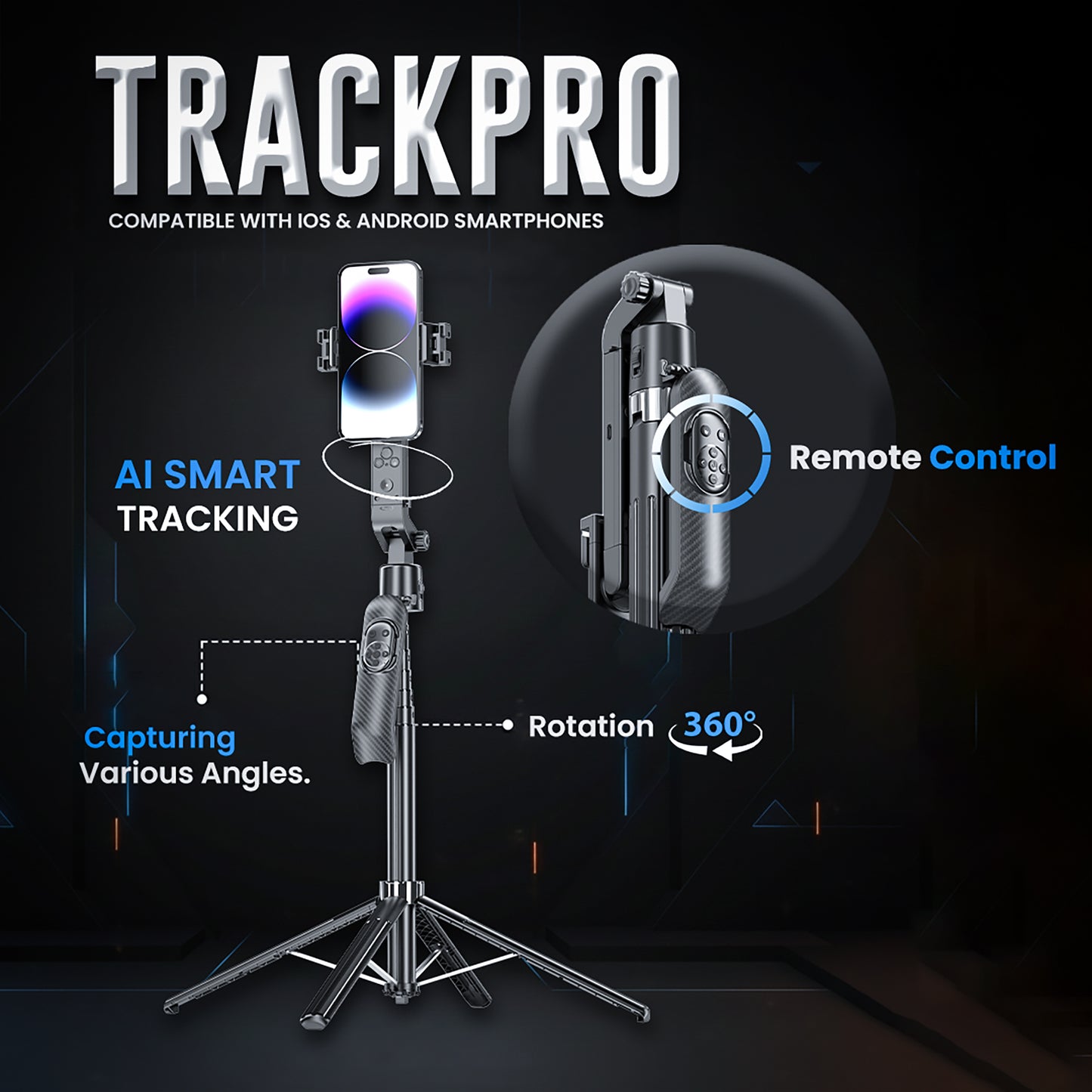 TrackPro AI – Intelligent Face Tracking Selfie Stick with Tripod | iOS & Android Compatible