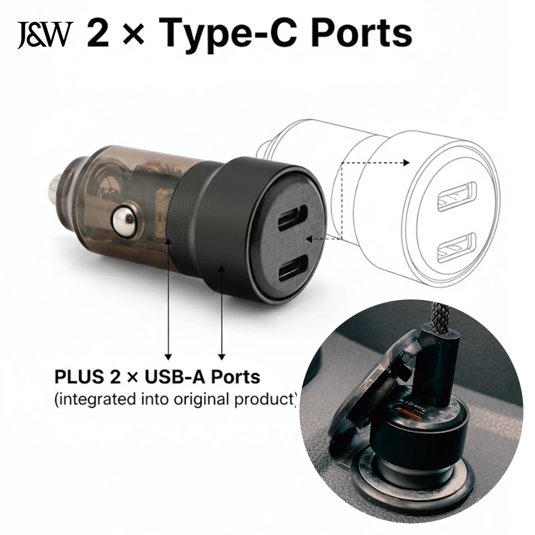 Dual Type-C Fast Car Charger - J&W Capsole 60W Compatible with All Type-C Devices
