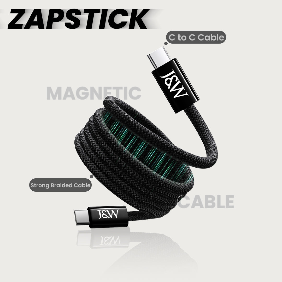 The J&W Company Zap Stick Magnetic Type-C to Type-C Fast Charging Cable – 100W PD Support, Detachable Magnetic Tip, Tangle-Free Braided Wire for Laptops, Tablets & Smartphones 