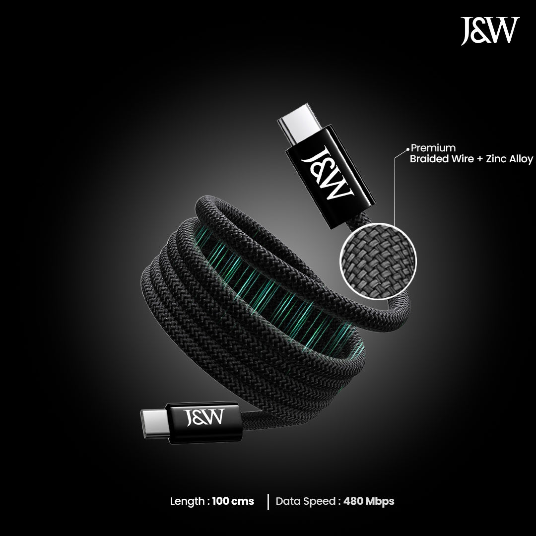 The J&W Company Zap Stick Magnetic Type-C to Type-C Fast Charging Cable – 100W PD Support, Detachable Magnetic Tip, Tangle-Free Braided Wire for Laptops, Tablets & Smartphones